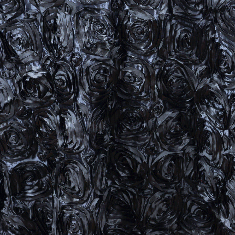 132" Black Wholesale Grandiose Rosette 3D Satin Tablecloth For Wedding Party Event Decoration#whtbkgd