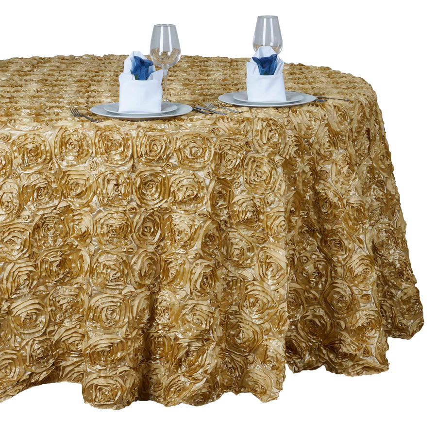132inch Champagne Grandiose Rosette 3D Satin Round Tablecloth