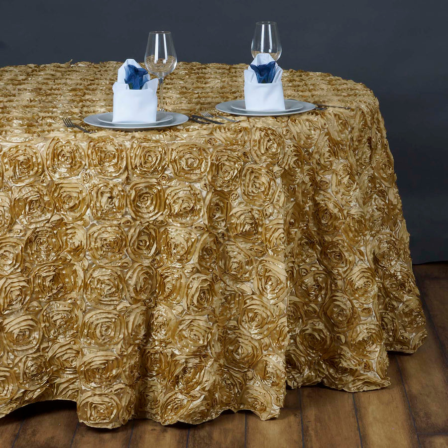 132inch Champagne Grandiose Rosette 3D Satin Round Tablecloth
