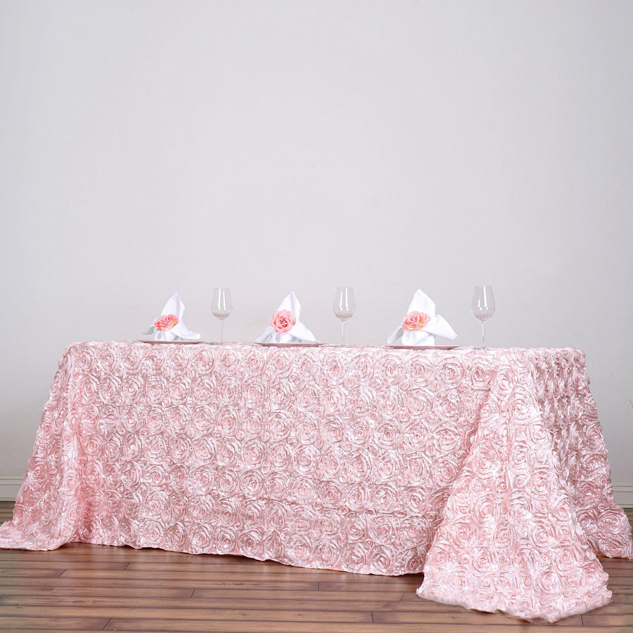 90x132inch Blush / Rose Gold Grandiose 3D Rosette Satin Rectangle Tablecloth