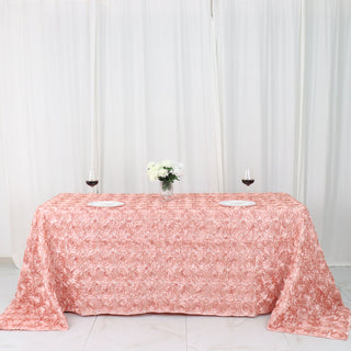 Elegant and Whimsical: 90x132 Dusty Rose Seamless Grandiose 3D Rosette Satin Rectangle Tablecloth