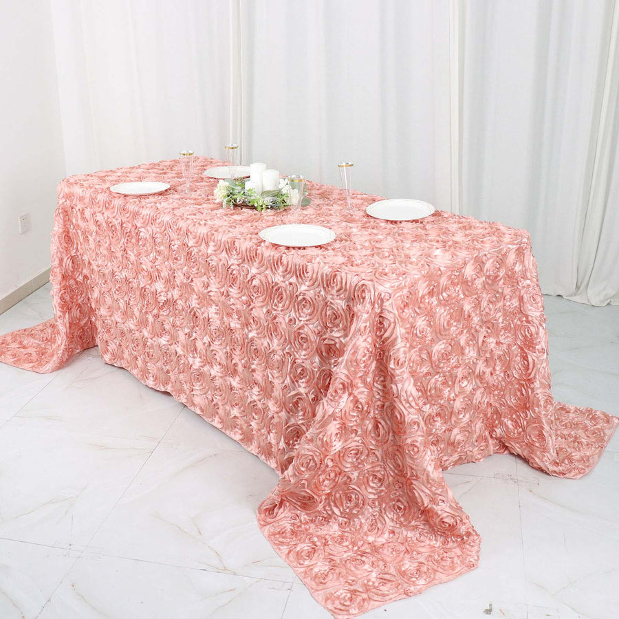90x132inch Dusty Rose Grandiose 3D Rosette Satin Rectangle Tablecloth