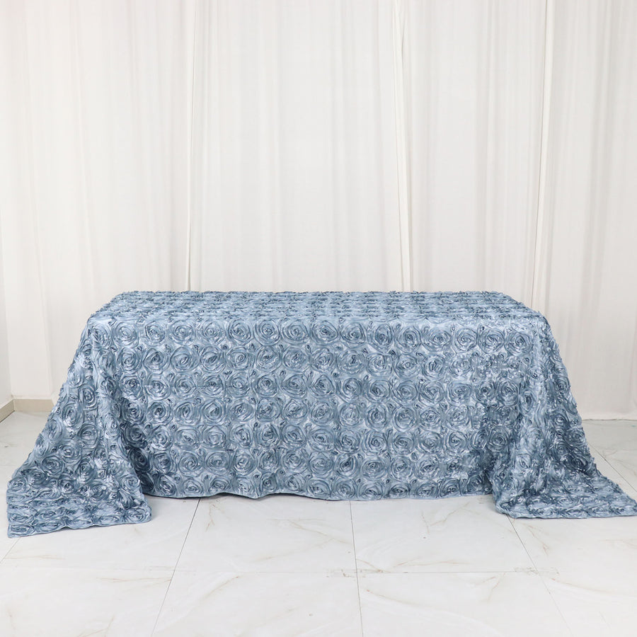 90x132inch Dusty Blue Grandiose 3D Rosette Satin Rectangle Tablecloth