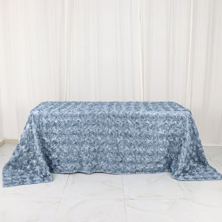 Elevate Your Event Decor with the Dusty Blue 90x132 Seamless Grandiose 3D Rosette Satin Rectangle Tablecloth