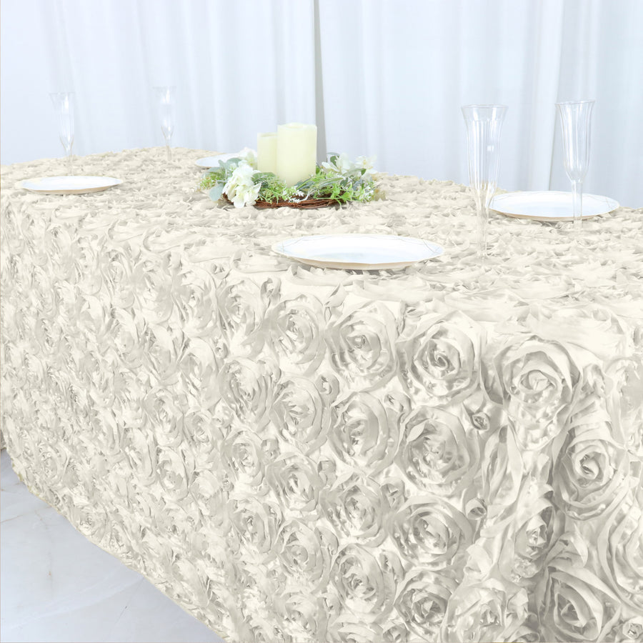 90x132inch Ivory Grandiose 3D Rosette Satin Rectangle Tablecloth