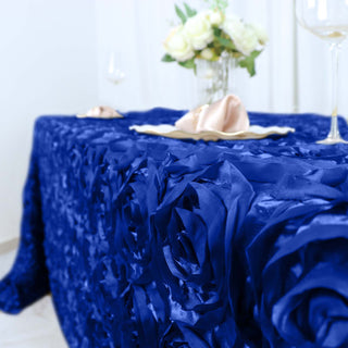 Create a Regal Atmosphere with the Royal Blue 90"x132" Seamless Grandiose 3D Rosette Satin Rectangle Tablecloth
