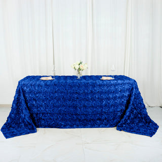 Elevate Your Event with the Royal Blue 90"x132" Seamless Grandiose 3D Rosette Satin Rectangle Tablecloth