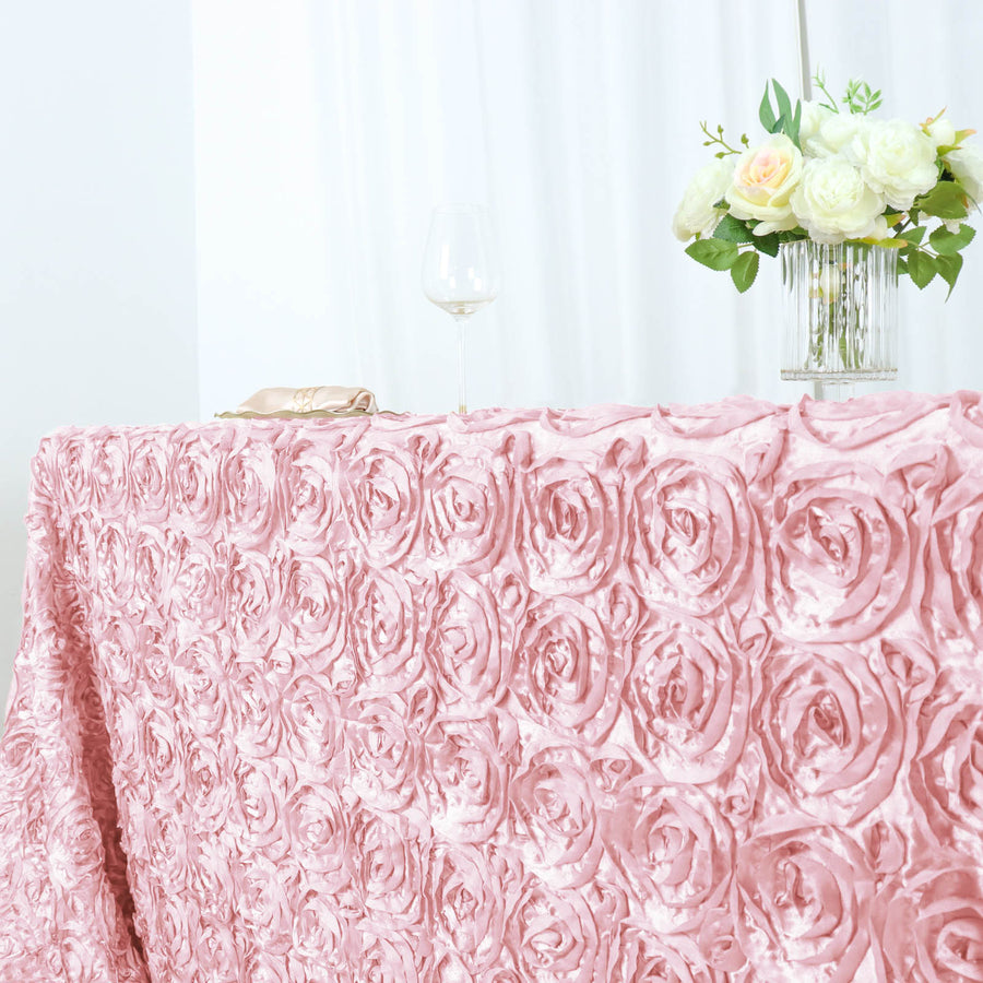 90x156 inch Rose Gold|Blush Grandiose Rosette Satin Rectangle Tablecloth