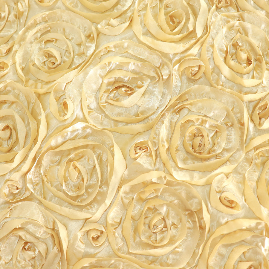 90" x 156" Champagne Grandiose Rosette 3D Satin Rectangle Tablecloth#whtbkgd