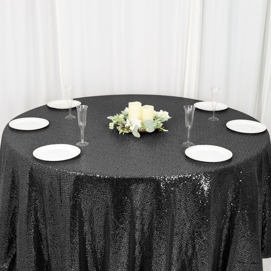 120" Black Premium Sequin Round Tablecloth