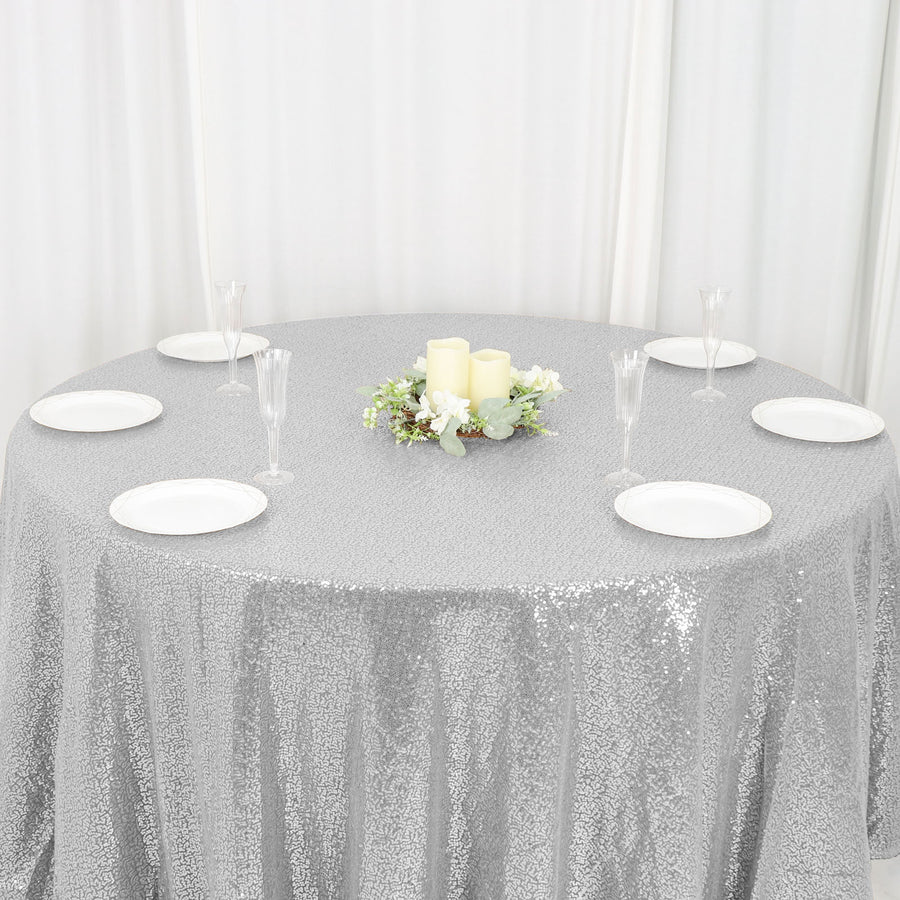120 inches Silver Premium Sequin Round Tablecloth