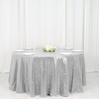 Elevate Your Event with the 120" Silver Seamless Premium Sequin Round Tablecloth