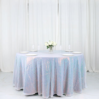 Add a Touch of Elegance with the Iridescent Blue Sequin Round Tablecloth