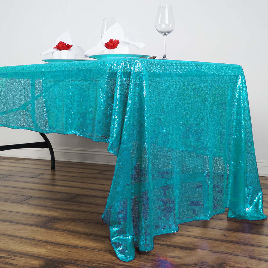 60"x126" Turquoise Premium Sequin Rectangle Tablecloth