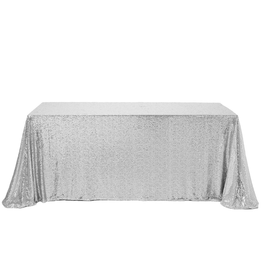 90 inch x 132 inch Silver Premium Sequin Rectangle Tablecloth