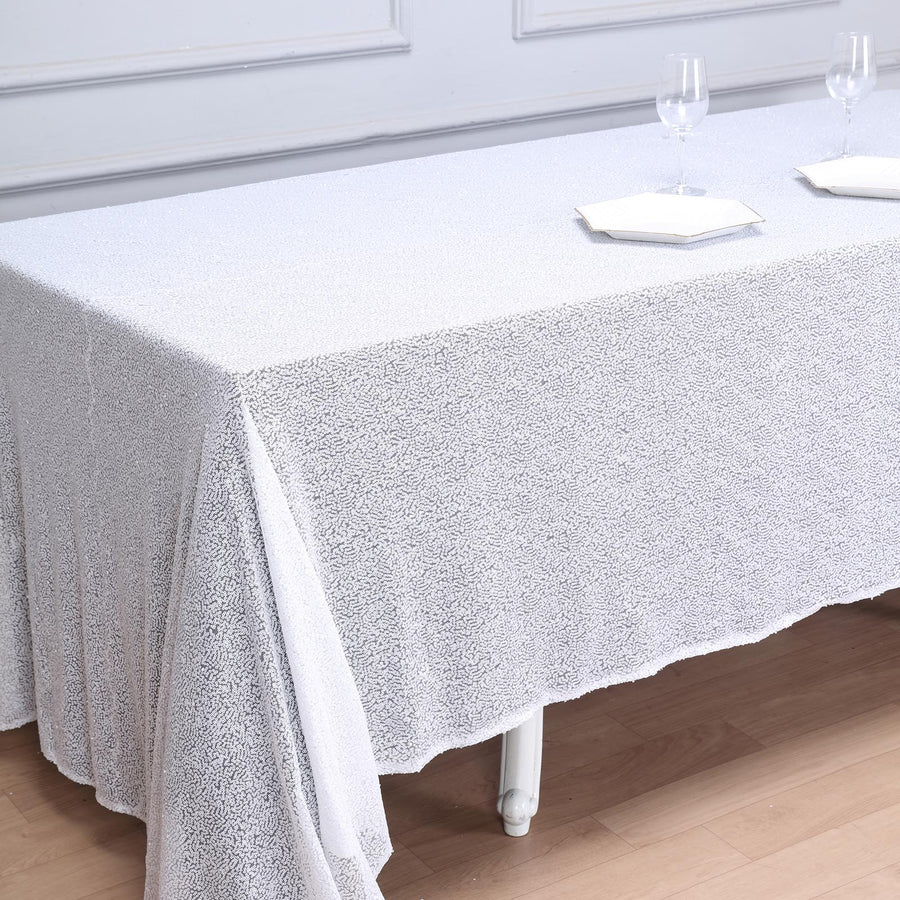 90 inch x 132 inch White Premium Sequin Rectangle Tablecloth