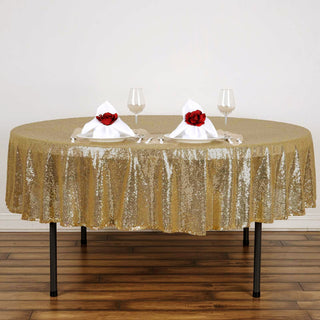 Elevate Your Event Decor with the 90" Champagne Seamless Premium Sequin Round Tablecloth