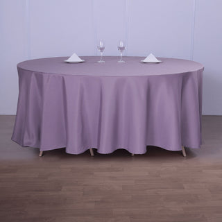 Add Elegance to Your Events with the 120" Violet Amethyst Seamless Polyester Round Tablecloth