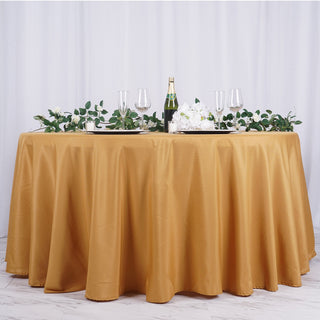 Enhance Your Event Décor with the 132" Gold Seamless Polyester Round Tablecloth