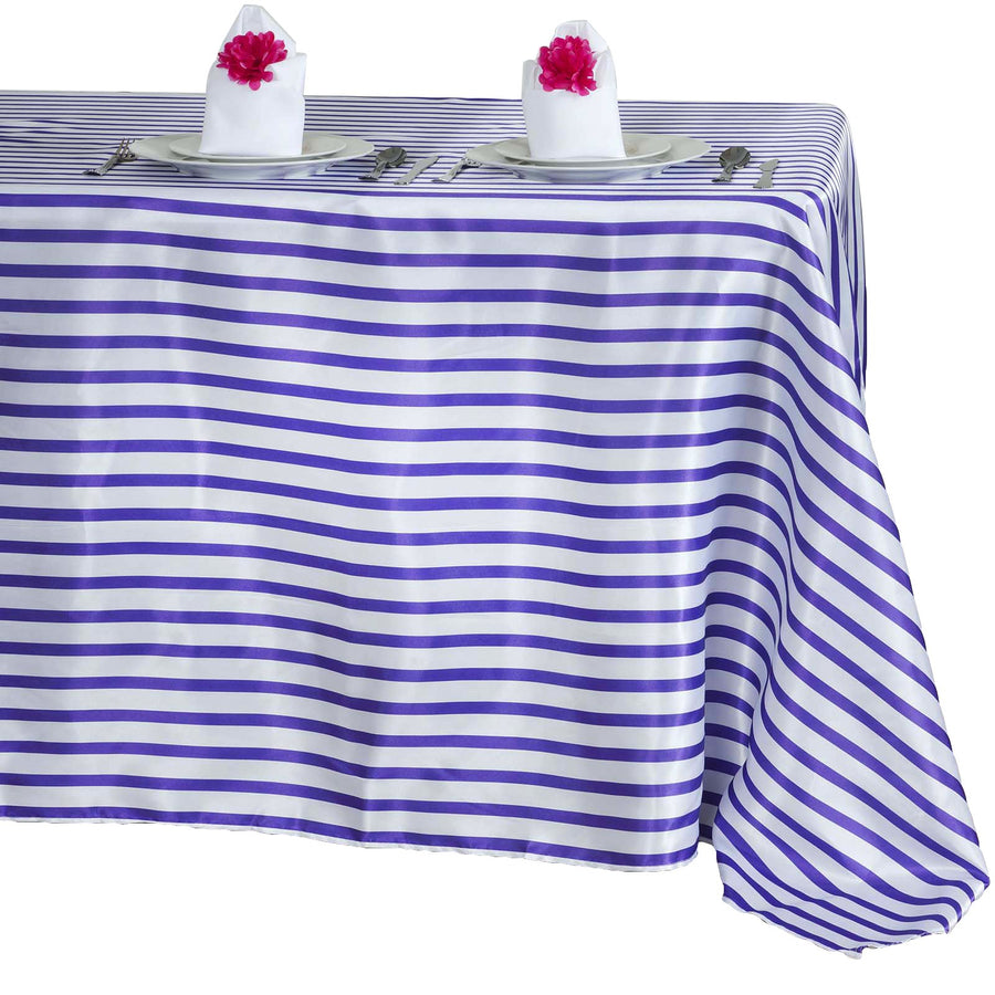 60"x102" White/Purple Striped Satin Tablecloth