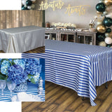 90 inch x156 inch White/Royal Blue Stripe Satin Tablecloth