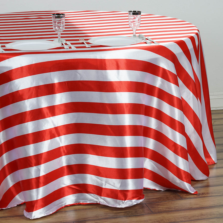 120" | Stripe Satin Round Tablecloth | Red & White | Seamless
