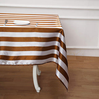 Create a Stunning Tablescape with the Gold/White Stripe Satin Rectangle Tablecloth