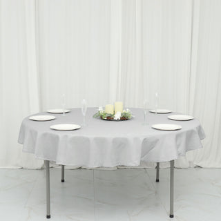 Add Elegance to Your Event with the 70" Round Silver Seamless Polyester Linen Tablecloth