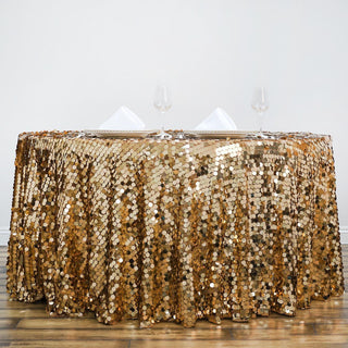 Add Sparkle and Elegance to Your Event with the 120" Gold Seamless Big Payette Sequin Round Tablecloth