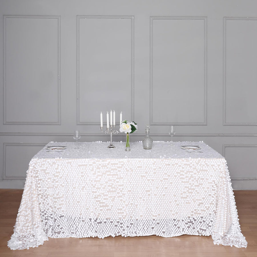 90x156 White Big Payette Sequin Rectangle Tablecloth Premium