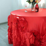 120" Red Large Rosette Round Lamour Satin Tablecloth