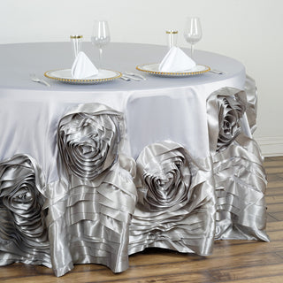 Create a Luxurious Ambiance with the Silver Seamless Large Rosette Round Lamour Satin Tablecloth