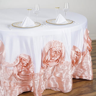 Create a Timeless and Elegant Ambiance with the 120" White Blush Seamless Large Rosette Round Lamour Satin Tablecloth