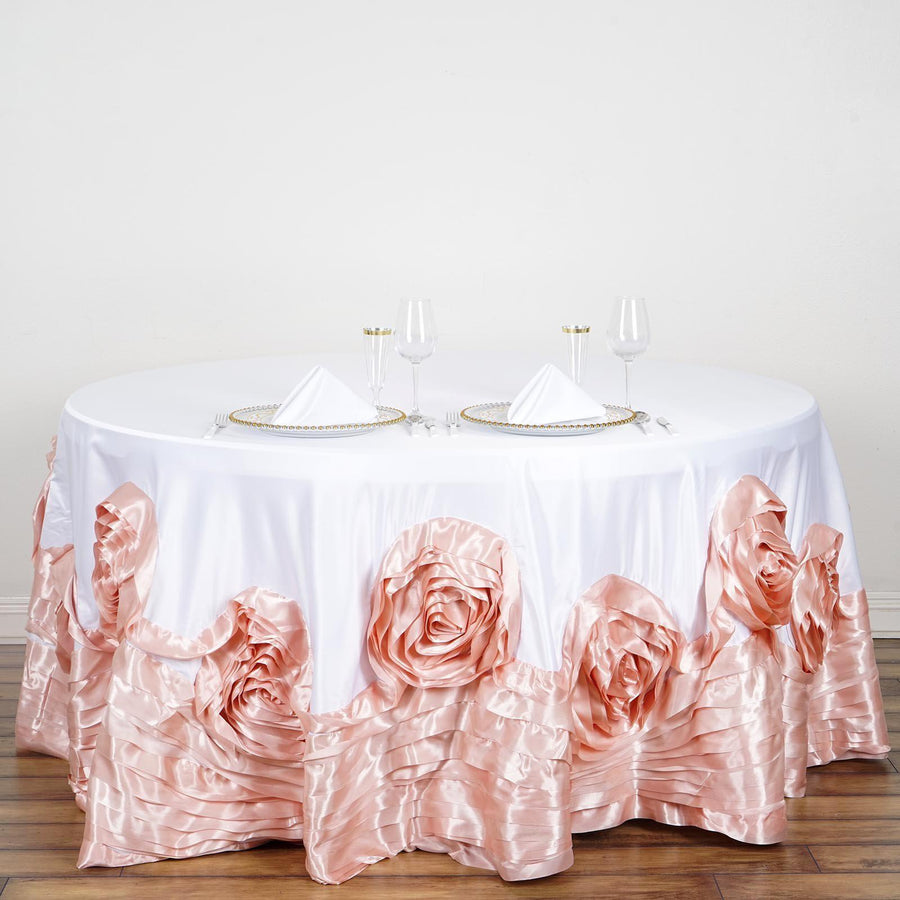 120 inch White | Blush Large Rosette Round Lamour Satin Tablecloth