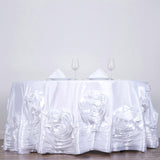 120" White Large Rosette Round Lamour Satin Tablecloth