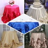 132" Ivory Large Rosette Round Lamour Satin Tablecloth
