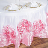 132" White/Pink Large Rosette Round Lamour Satin Tablecloth