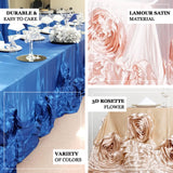 90"x132" Blush | Rose Gold Large Rosette Rectangular Lamour Satin Tablecloth