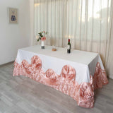 90"x156" White|Blush Large Rosette Rectangular Lamour Satin Tablecloth