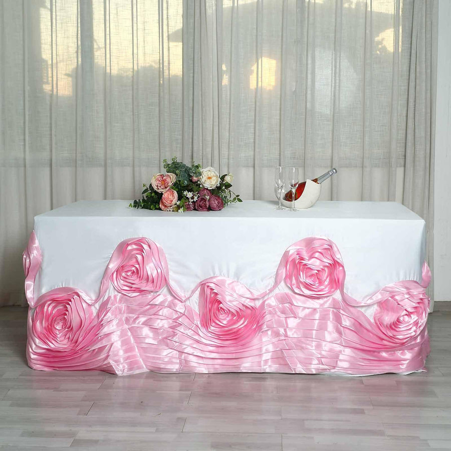 90"x156" White|Pink Large Rosette Rectangular Lamour Satin Tablecloth