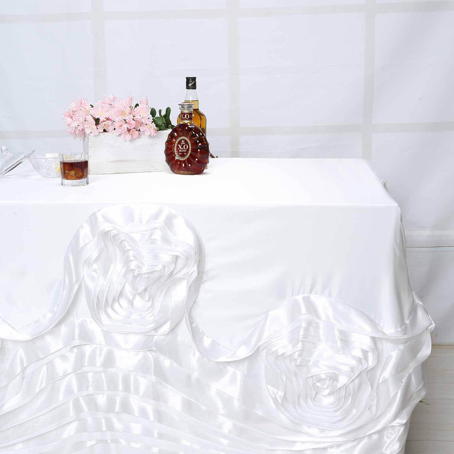 90"x156" White Large Rosette Rectangular Lamour Satin Tablecloth