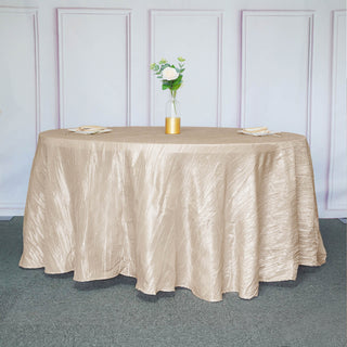 Beige Accordion Crinkle Taffeta Round Tablecloth - Add Elegance to Your Event