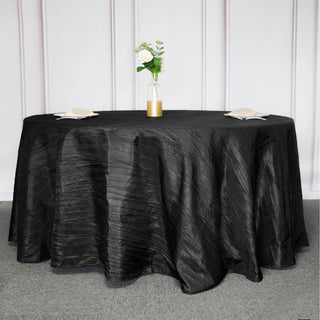 Elevate Your Event with the 120" Black Seamless Accordion Crinkle Taffeta Round Tablecloth