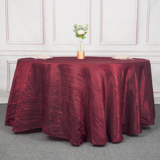 Elevate Your Event with the Burgundy Seamless Accordion Crinkle Taffeta Round Tablecloth