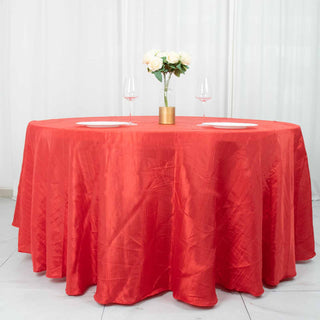 Add Elegance to Your Event with the 120" Red Seamless Accordion Crinkle Taffeta Round Tablecloth