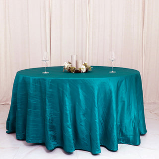 Elevate Your Event with the 120" Teal Seamless Accordion Crinkle Taffeta Round Tablecloth