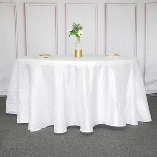 Elevate Your Event with the 120" White Seamless Accordion Crinkle Taffeta Round Tablecloth