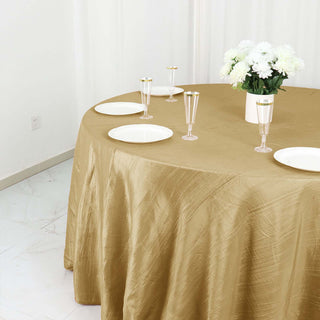Imperial Sublimity and Unparalleled Charm with the 132" Gold Accordion Crinkle Taffeta Tablecloth