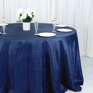 Enhance Your Event with a Navy Blue Accordion Crinkle Taffeta Tablecloth