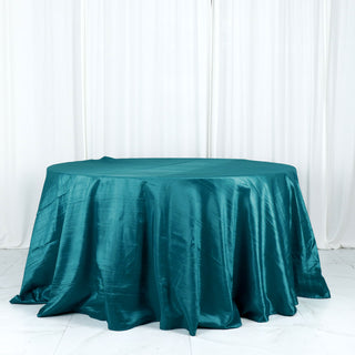Elevate Your Event with the Peacock Teal Accordion Crinkle Taffeta Tablecloth